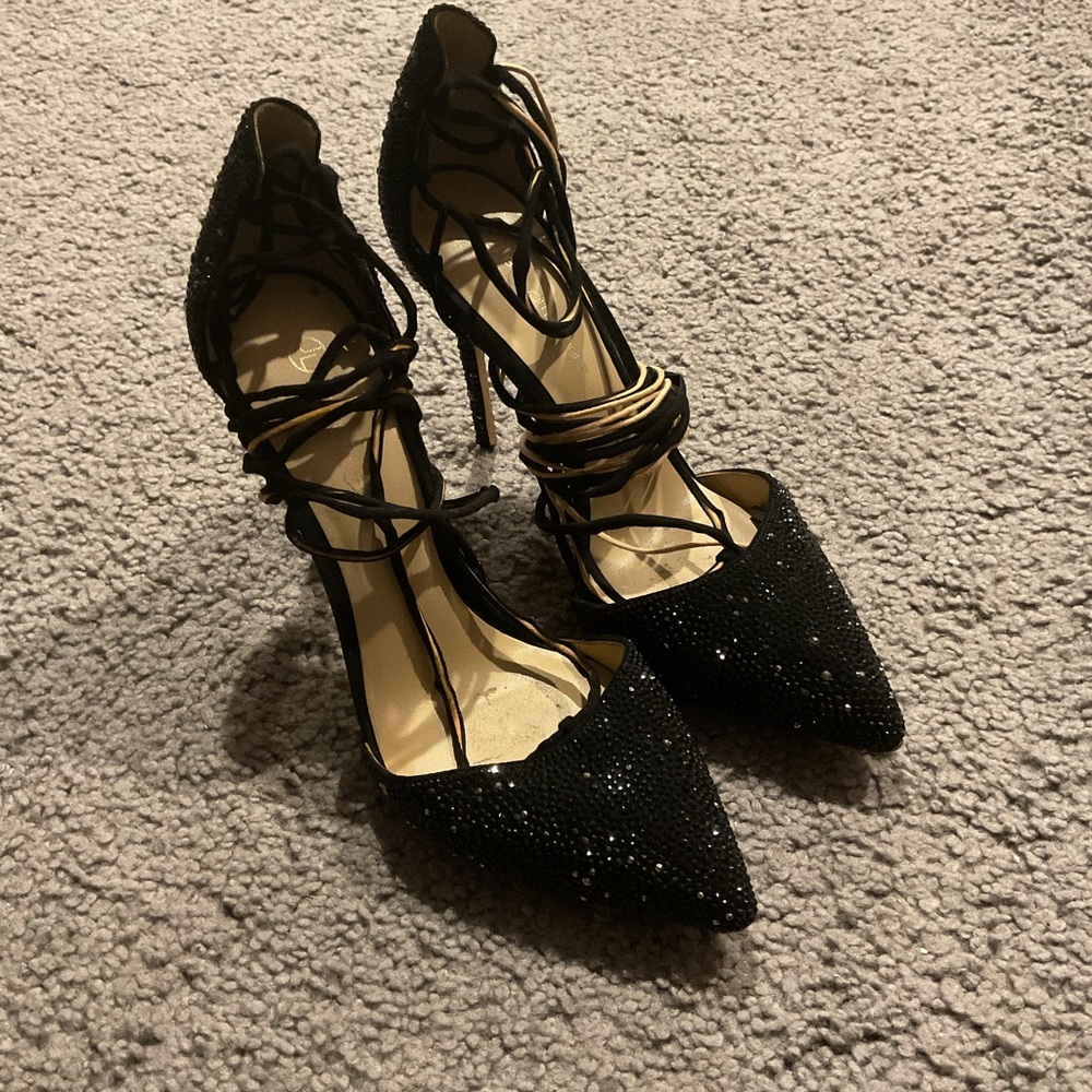 Judith Leiber Black Crystal Lace-Up Women's Pumps Heels Shoes Wedding sz 37, 6.5